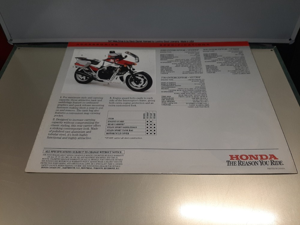 HONDA INTERCEPTOR 1000 ,750 ,500 MOTORCYCLE BROCHURE