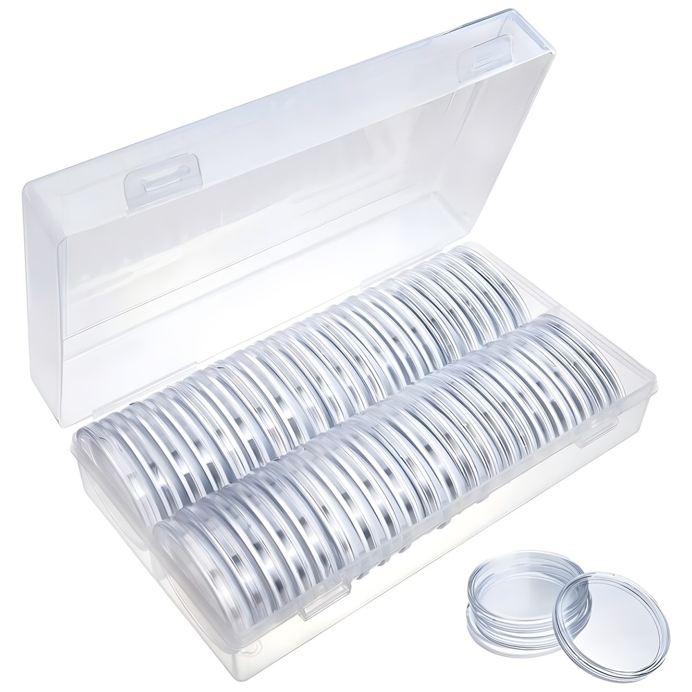 50Pcs 40mm Clear Coin Capsules Storage Box Holder + Case Coins Container