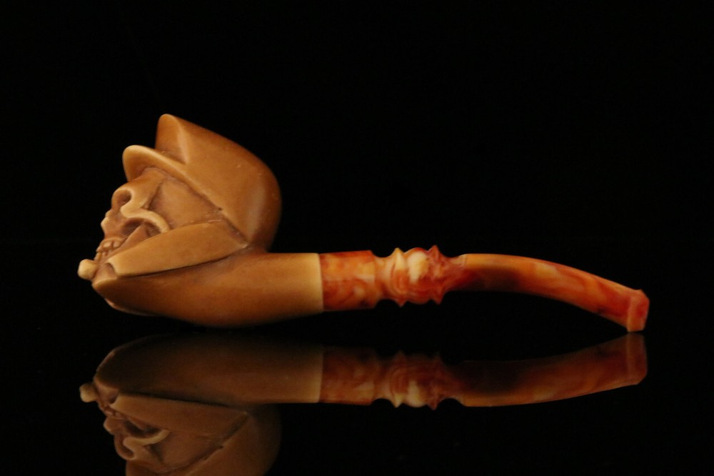 srv - Skull smoking a Pipe Block Meerschaum Pipe with custom case M2181