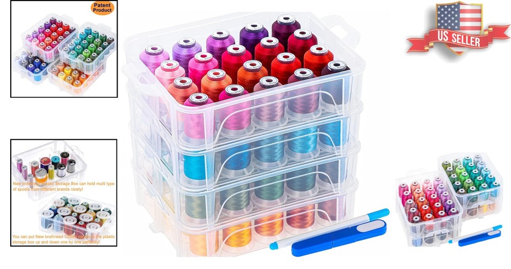 Premium 80-Spool Polyester Embroidery Thread Collection in Clear Storage Box