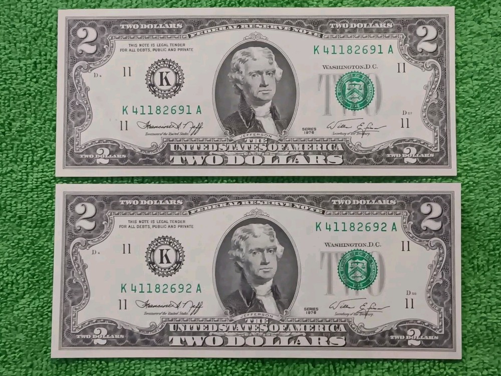2-Errors-2 Consecutive 1976 $2 Green Seal Federal Reserve Notes-Serial# Shift