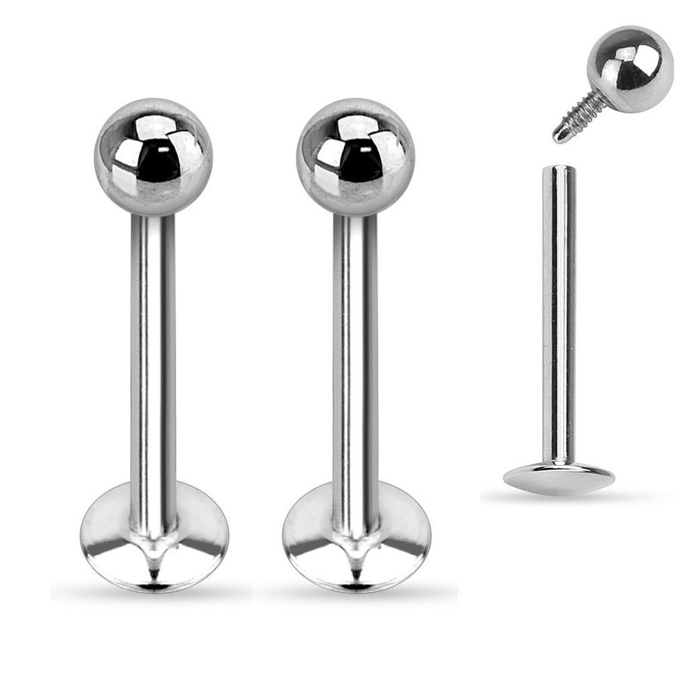 PAIR 16G INTERNALLY THREADED STEEL 2MM 3MM BALL LABRET TRAGUS STUD RING PIERCING