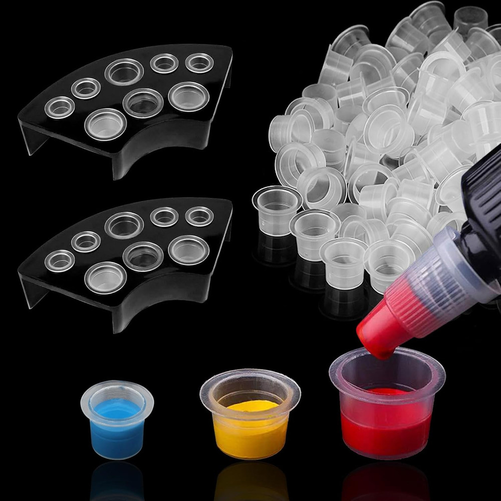 600Pcs Mixed Size Tattoo Ink Caps & 2Pcs Ink Cup Holders