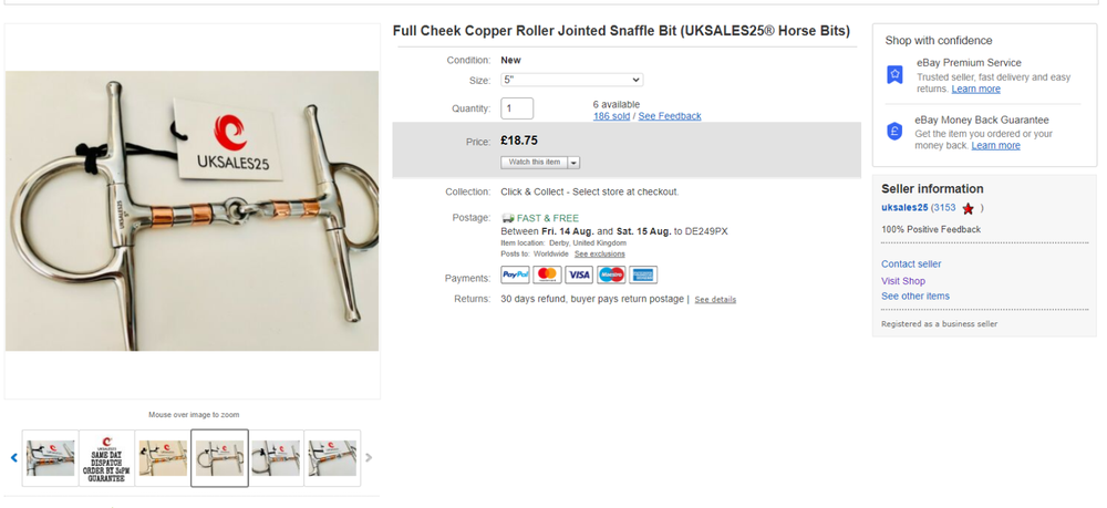 Full Cheek Copper Roller Jointed Snaffle Bit (UKSALES25®) *SAME DAY DISPATCH*