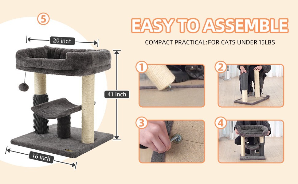 Cat Tree Tower Gray Top Platform Scratching Post Perch Self Groomer - Gray