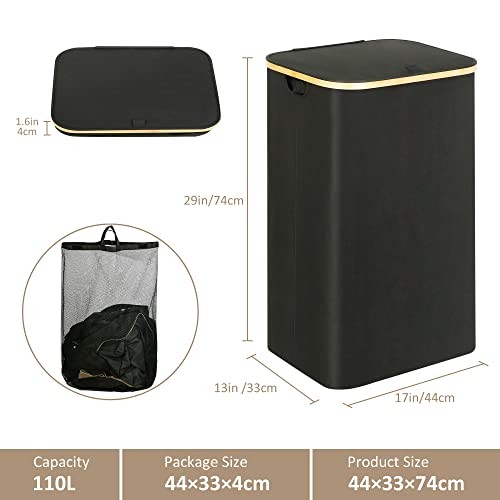 Laundry Hamper with Lid Large Laundry Hamper with Handle and Lid, 110L Black