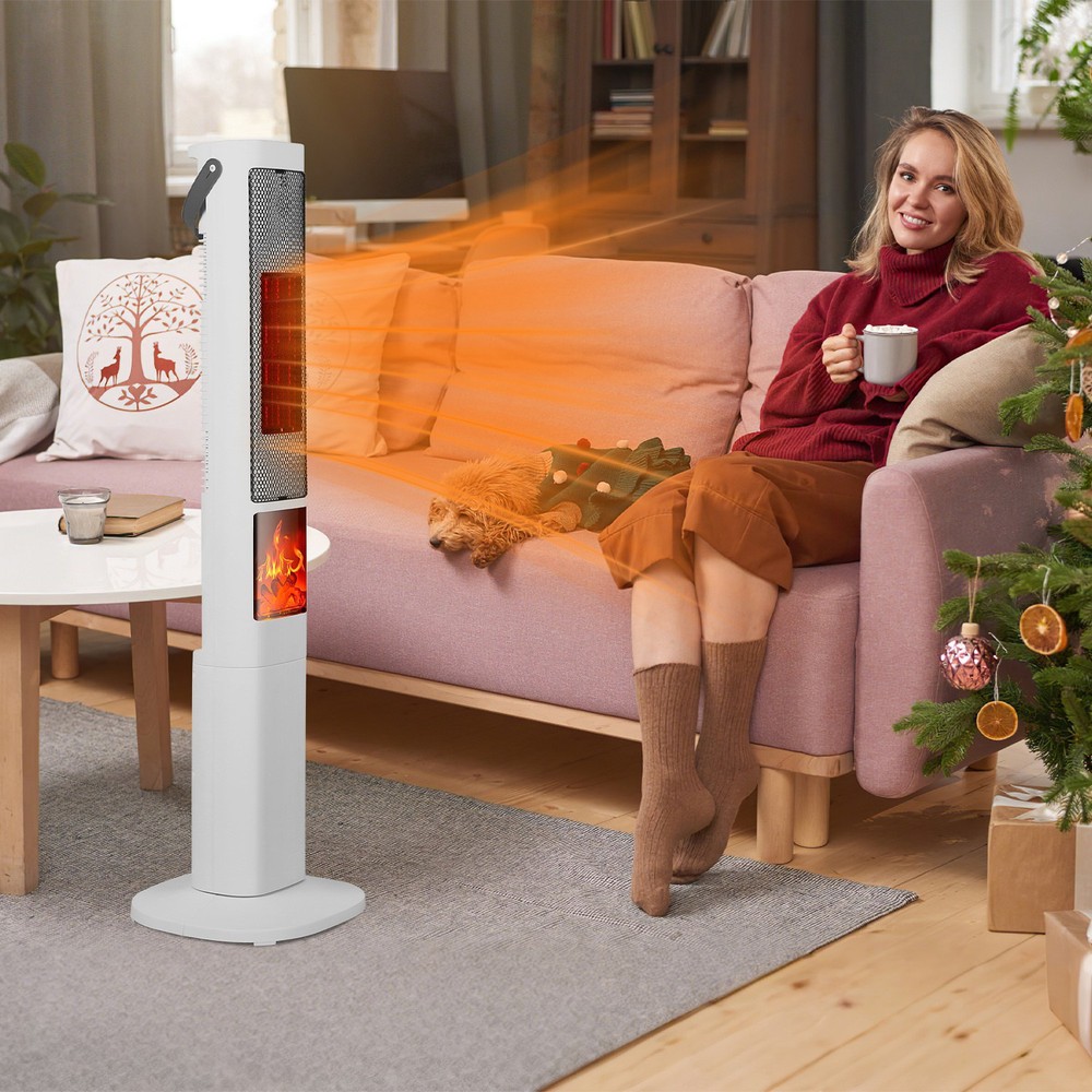 1500W Ceramic Tower Space Heater W/ 3D Flame Remote Control 5 Timer Options