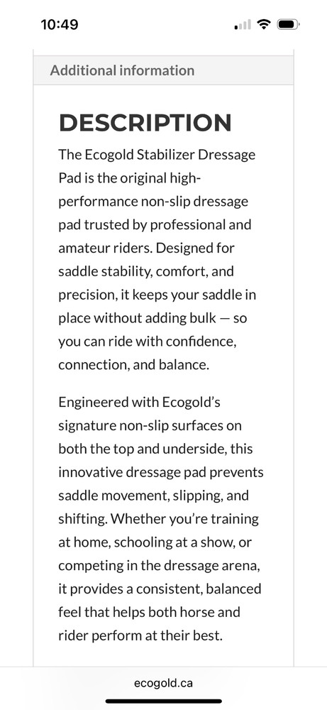 Ecogold Stabilizer Dresage Pad