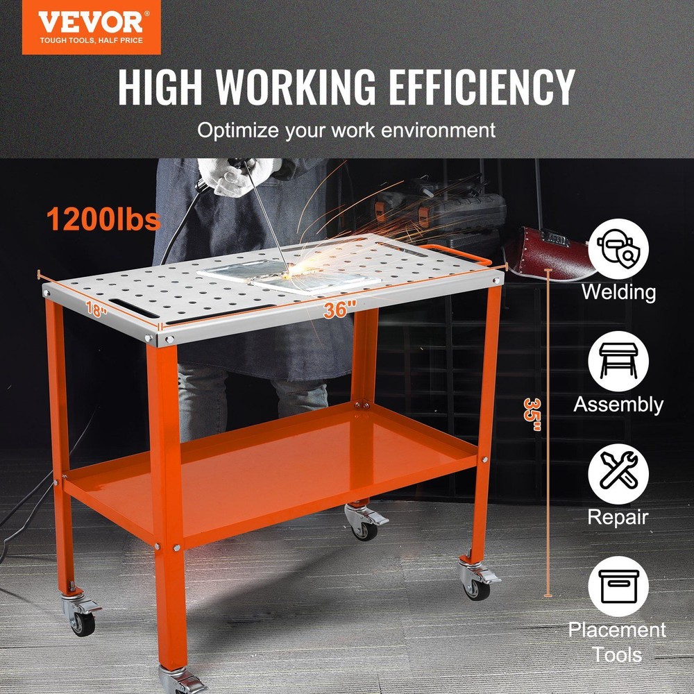 36" x 18" Welding Table 1200lbs Load Steel Welding Workbench Table on Wheels