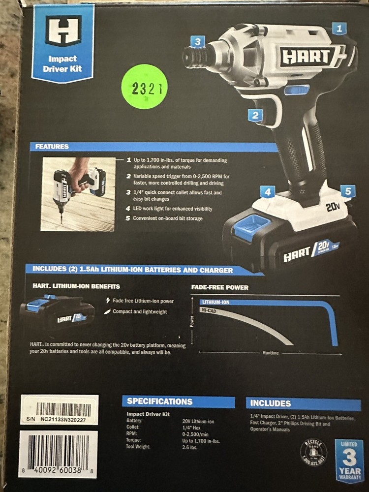 Hart 20v Impact Driver Kit