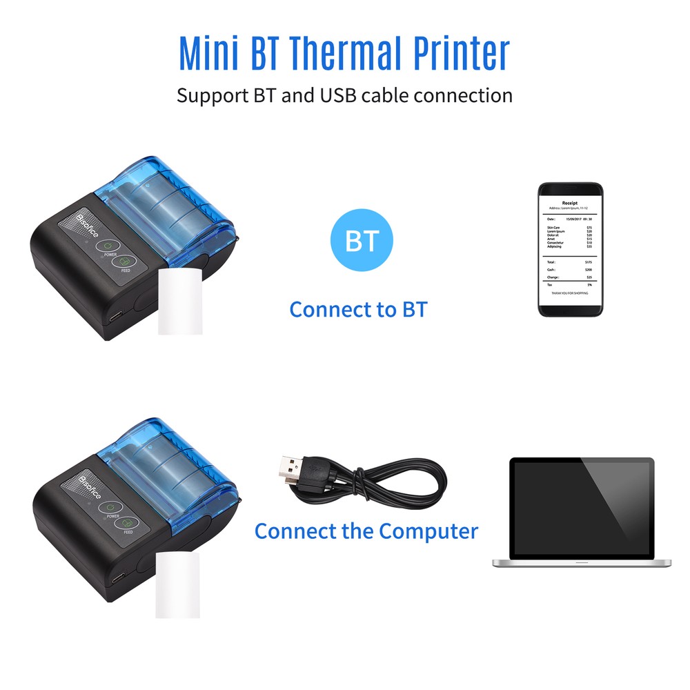 Bisofice 58mm Portable BT&USB Thermal Receipt Printer Mini Bill Ticket Printer E