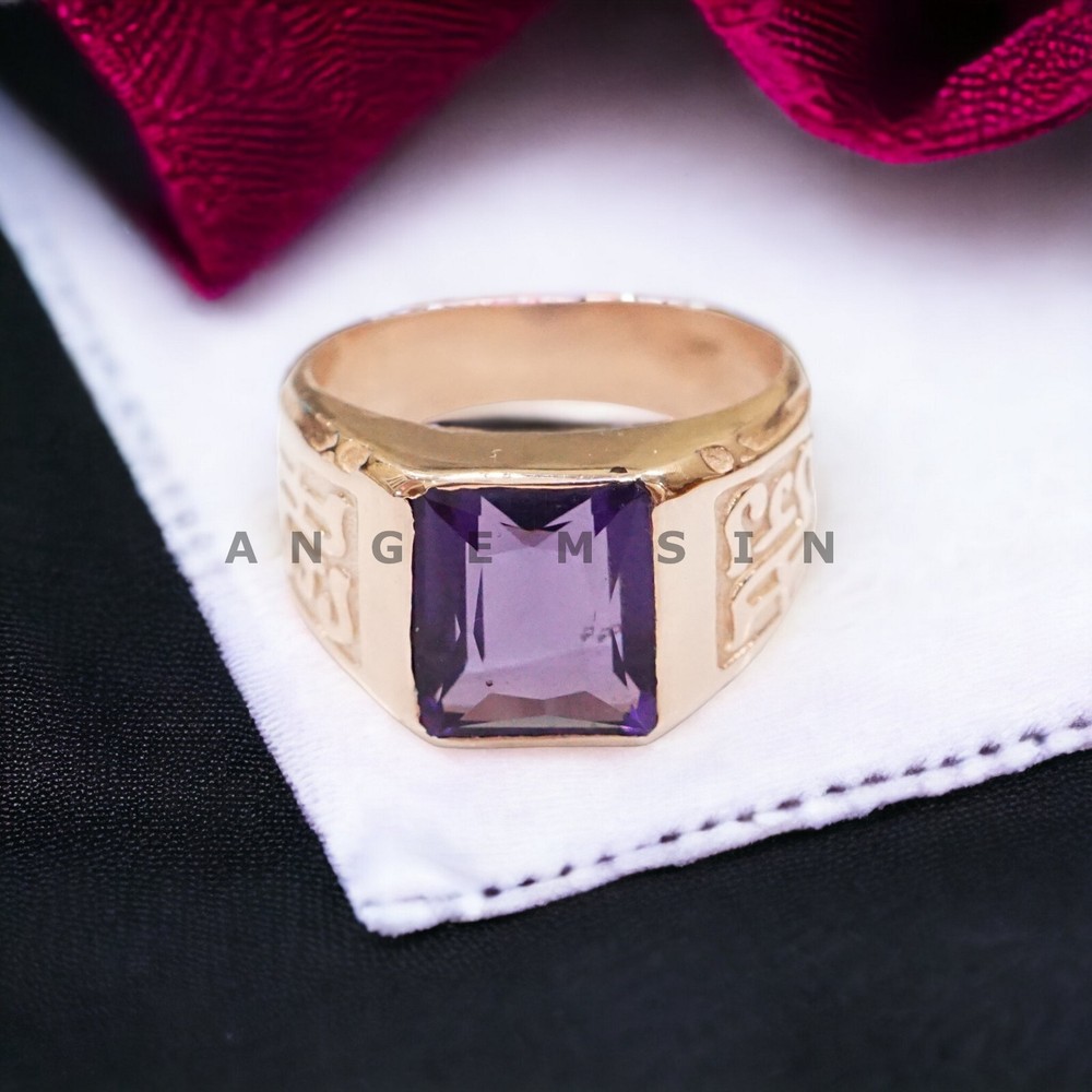 Amethyst Gemstone With 14K Solid Yellow Gold Ring For Men's #AL60