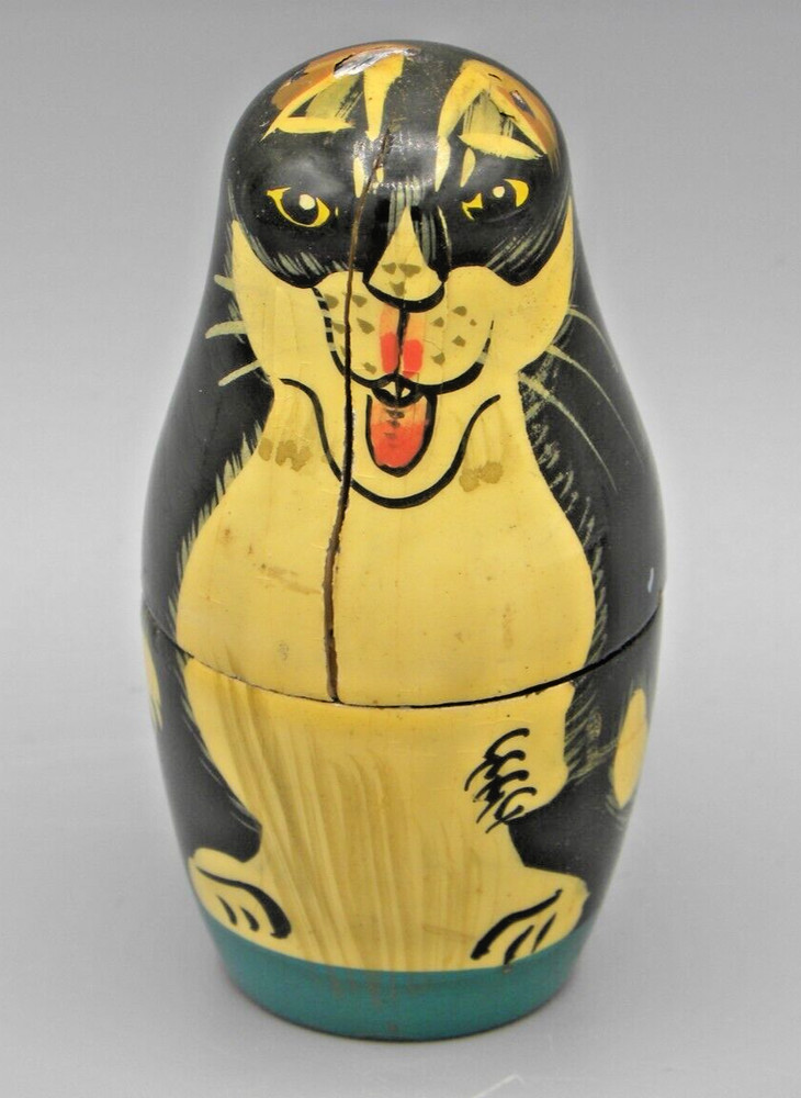 Vintage Russian Nesting Cat Figure Doll Matrushka w Mouse