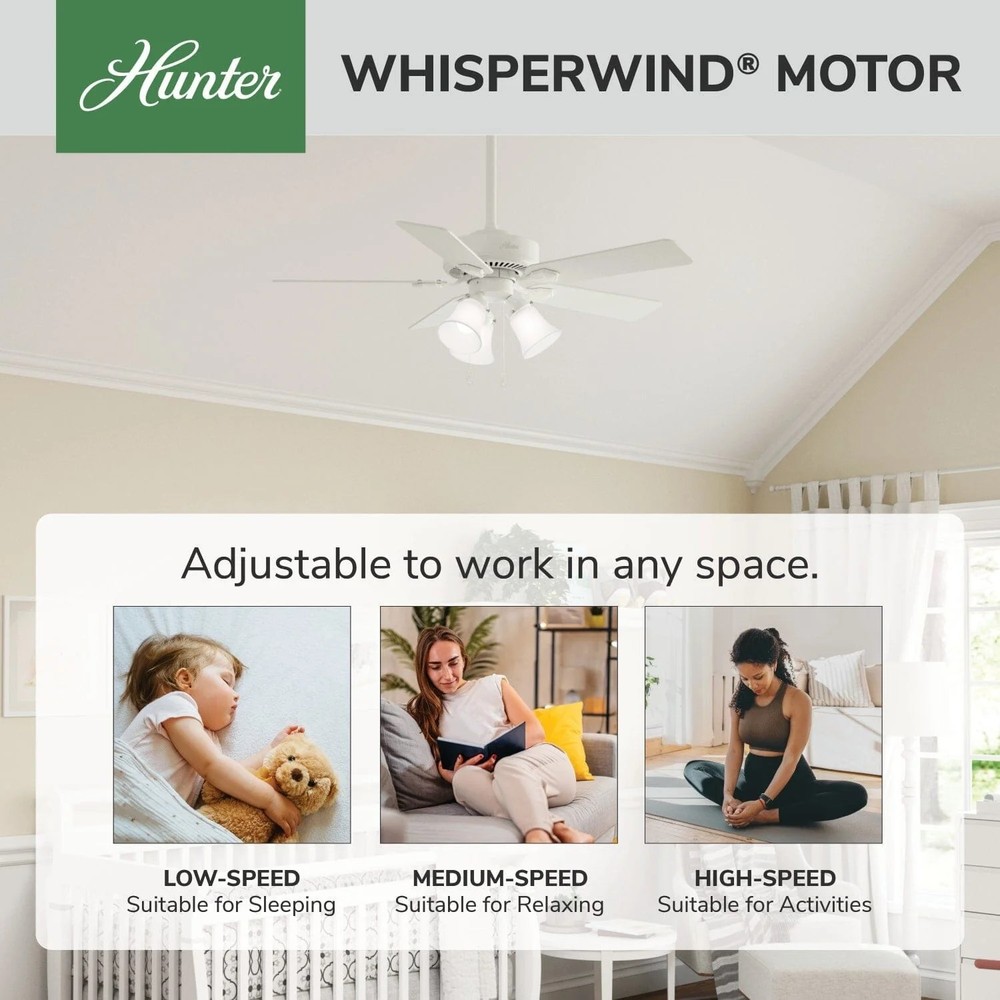 Hunter Fan 44 inch Fresh White Traditional Ceiling Fan with Light and Pull Chain