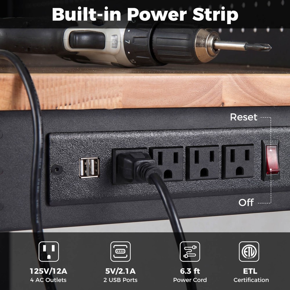 Heavy Duty Workbench with AC/USB Outlets and Pegboard, Max Load 2000 LBS