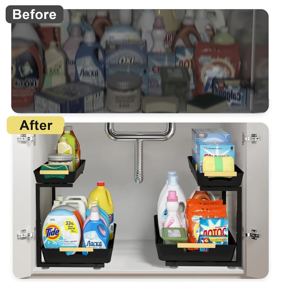 New Best 2 Pack Under Sink Organizer 2 Tier Pull Out Adjustable Height Cabinet