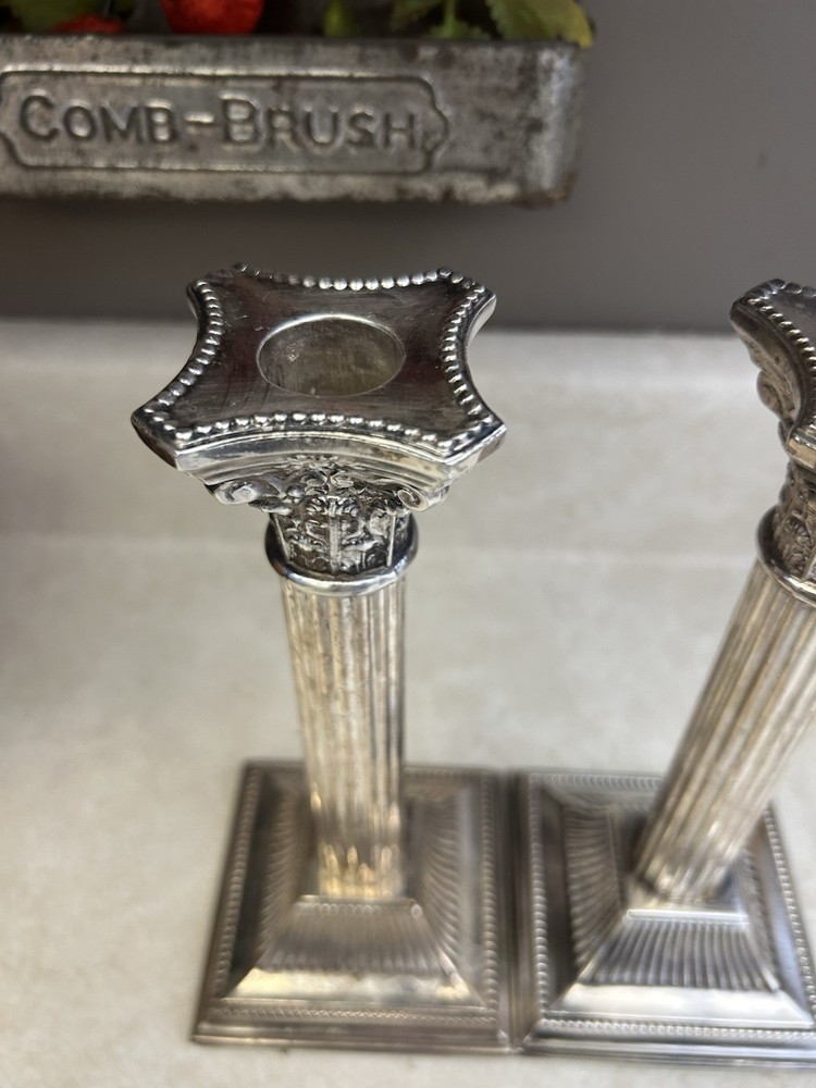 Antique Silver Plated Neoclassical Corinthian Column Taper Candlestick Pair