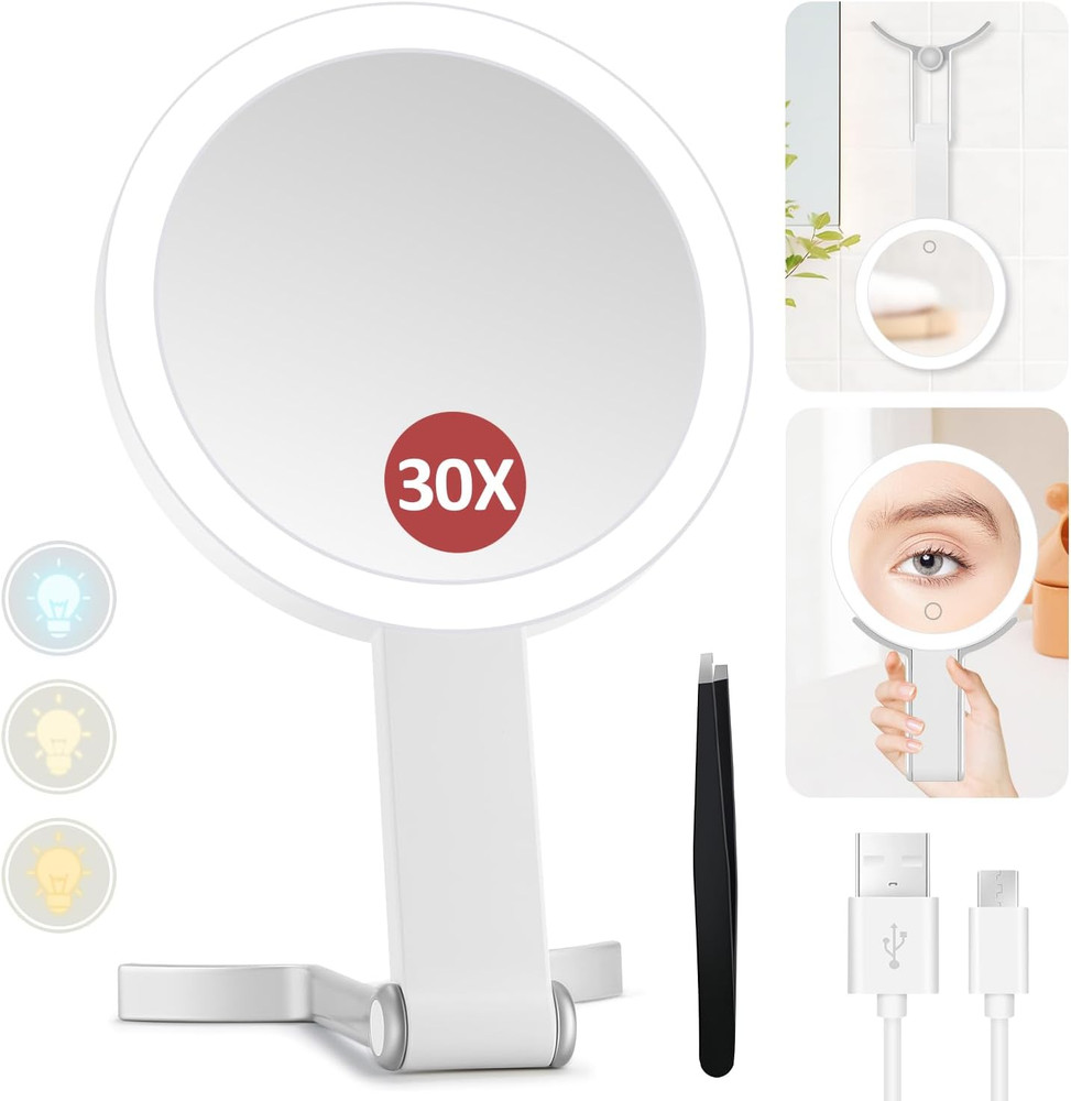 Illuminated 30X Magnifying Makeup Mirror with Adjustable Brightness and Handle