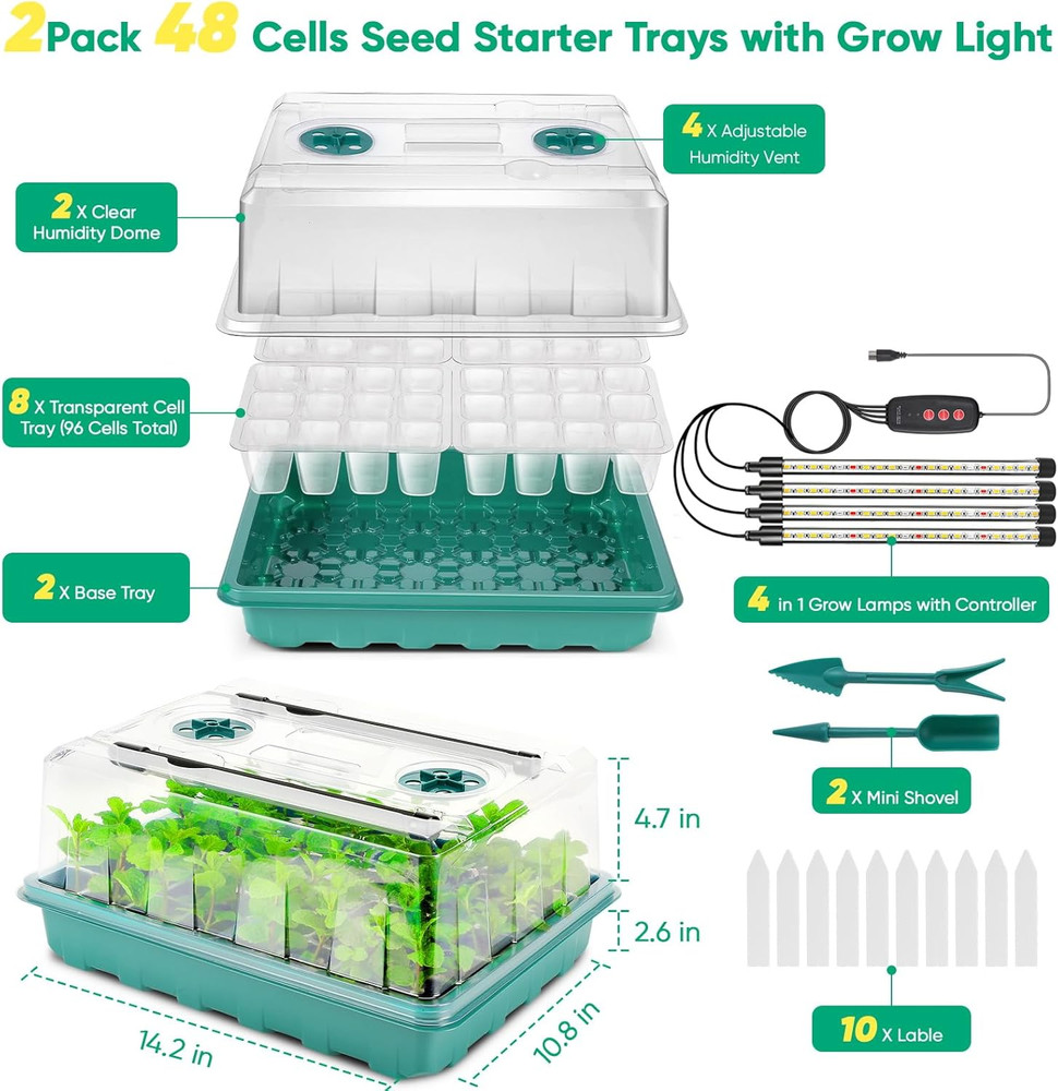 96 Cells Seed Starter Tray with Grow Light, Seed Starter Kit with Adjustable Hum