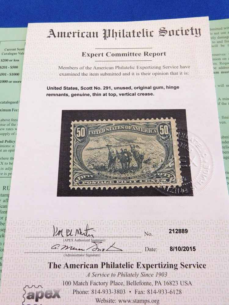 U.S. STAMPS SCOTT #291 Unused OG Hinged APS CERTIFICATE