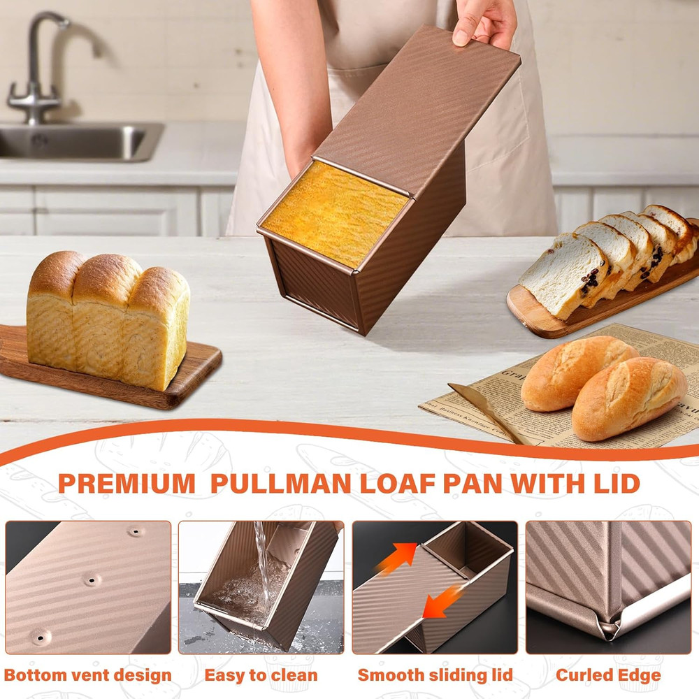 2 Pack Pullman Loaf Pans Lids Corrugated Nonstick Carbon Steel Bread Pan