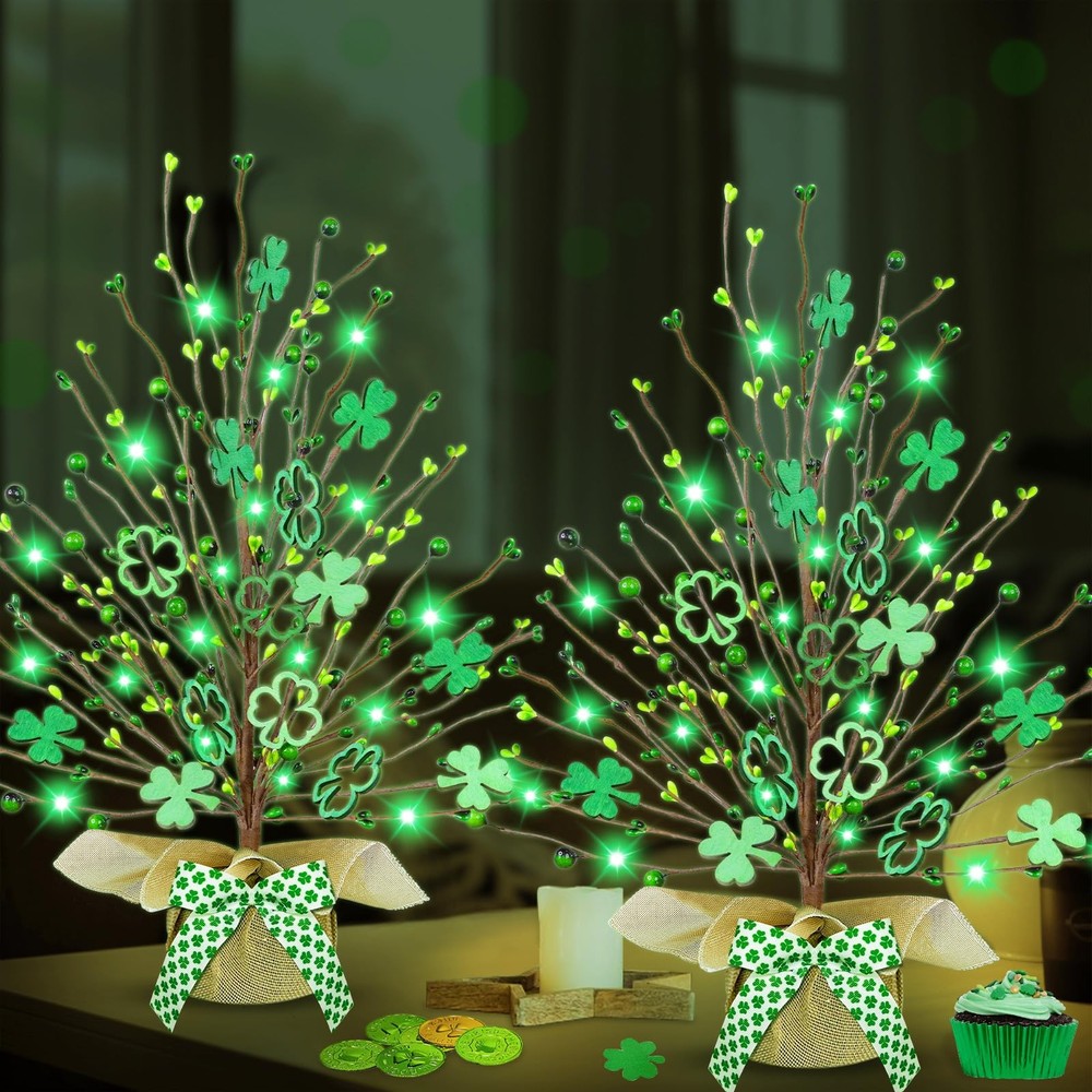 2 Pack 18 Inch Lighted St. Patrick's Day Tree Tabletop Decorations 20 Green Ligh