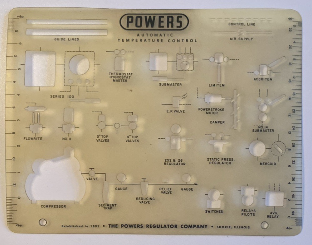 Vtg Powers Regulator Co /Watts Water Tech Drafting Template Automatic Temp Cntrl