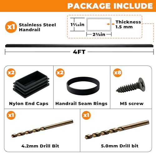 4FT Stainless Steel Black Handrail for Cable Railing System, Rectangular Flat