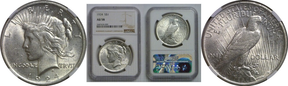 1924 $1 Silver Peace Dollar NGC AU 58