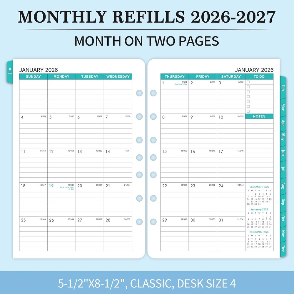 2026-2027 Monthly Planner Refill - Inserts 5-1/2" x 8-1/2", black