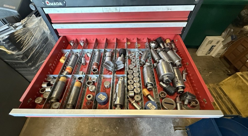 Amada Turret Punch Tooling, Punches, Dies, Misc Items And Tooling Cabinet.