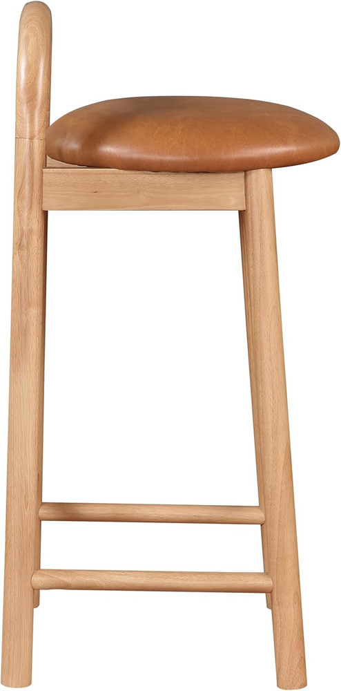 Cognac Vegan Leather Mid-Century Modern Stool with Solid Wood Frame