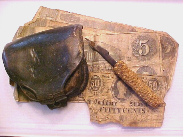 POW? Virgin Group Civil War Cap Box, 7 CS Bills Notes, Small Concealable Knife