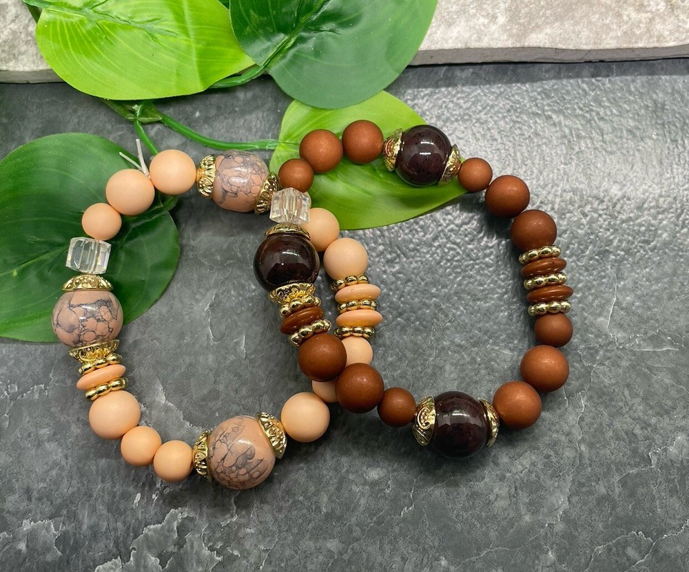 2 PC Handmade Beaded  Boho 7” Plus Stretch Layered Bracelet Set B3953