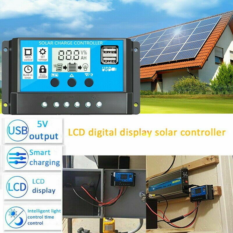 30A 12V/24V Solar Panel Battery Charge Controller LCD Regulator Dual USB Auto US