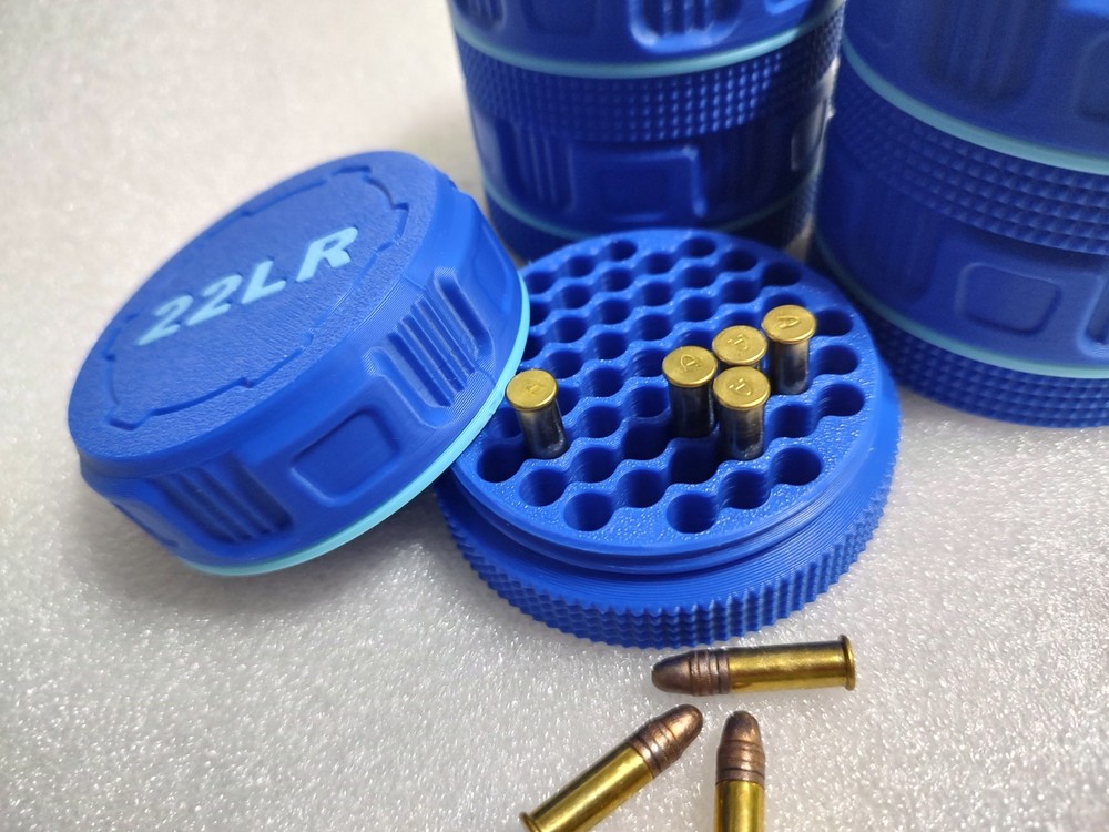 5-22 LR cartridge Mini Ammo Box, Stackable. Holds 55 Rounds ea. Screw on Lid.