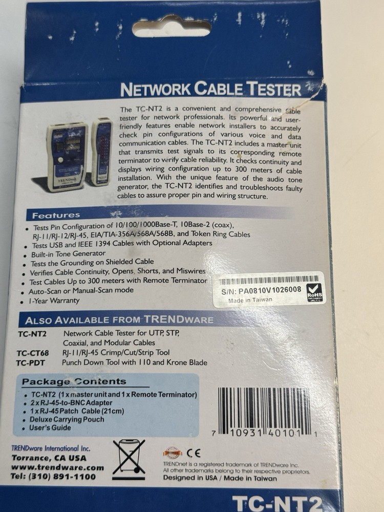 Trendnet TC-NT2 Network Cable Tester & Remote + Case and Test Adapterrs and Man