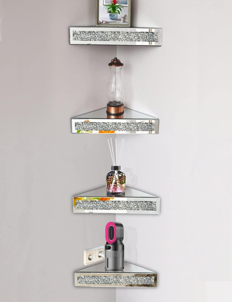 Mirrored Floating Corner Shelf, Silver Mirror Crushed Diamond Decorative Wall Sh