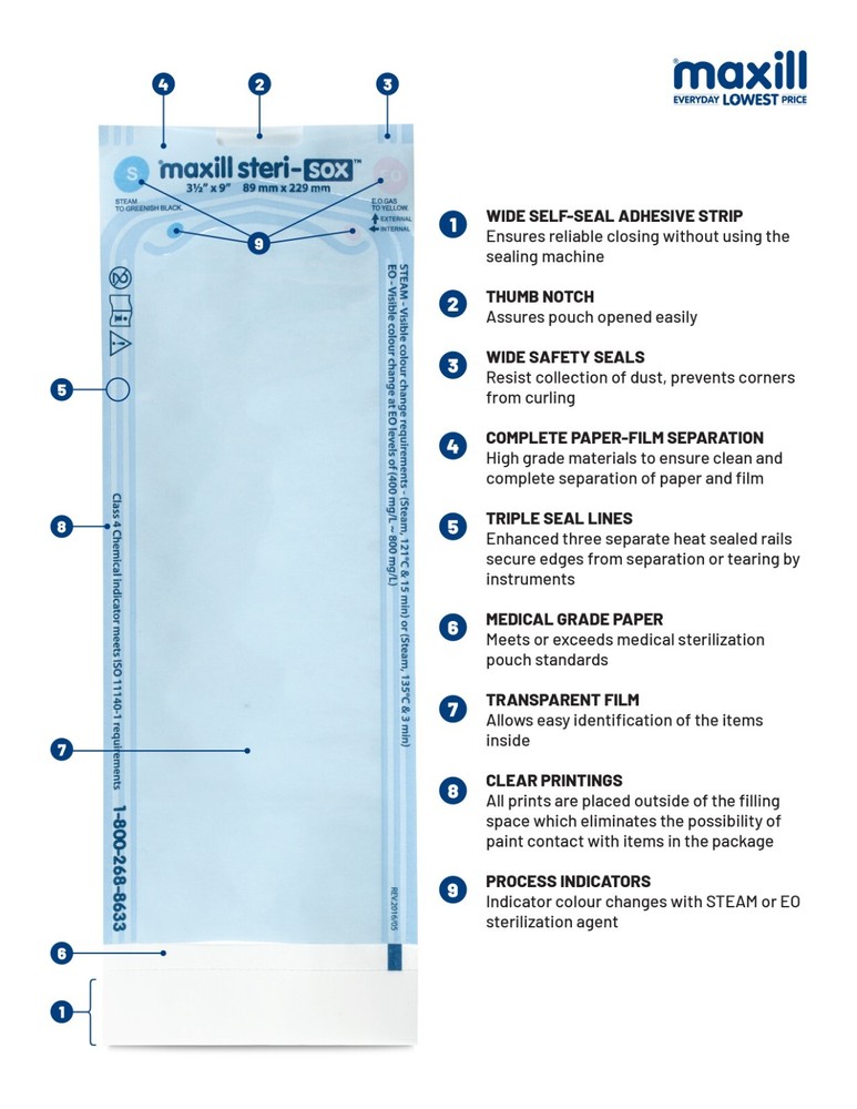 steri-sox Self-Sealing Sterilization Pouches With Internal/External Indicators