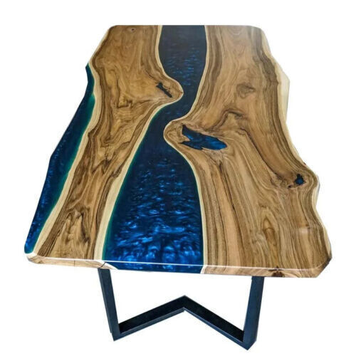 Blue Epoxy Resin Live Edge River Dining Table Top, Sofa Center Epoxy Top Decors