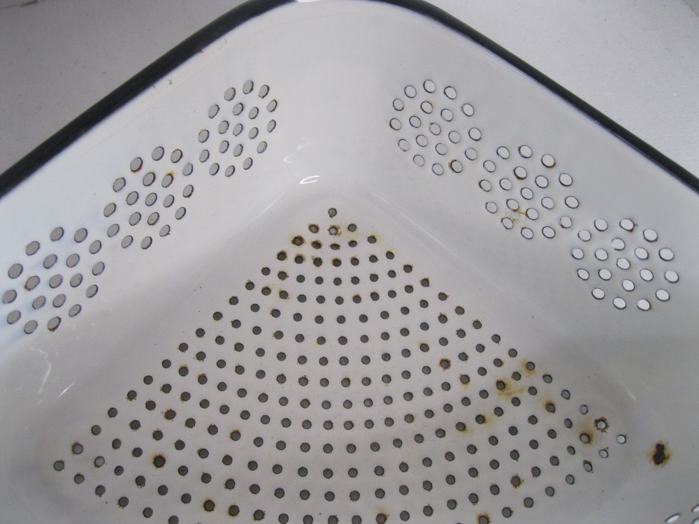 White Black trim Enamelware Triangle Sink Corner Strainer / Colander Vintage