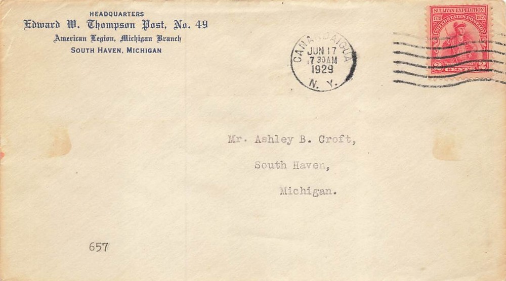 657 2c SULLIVAN EXPEDITION - American Legion Post # 49