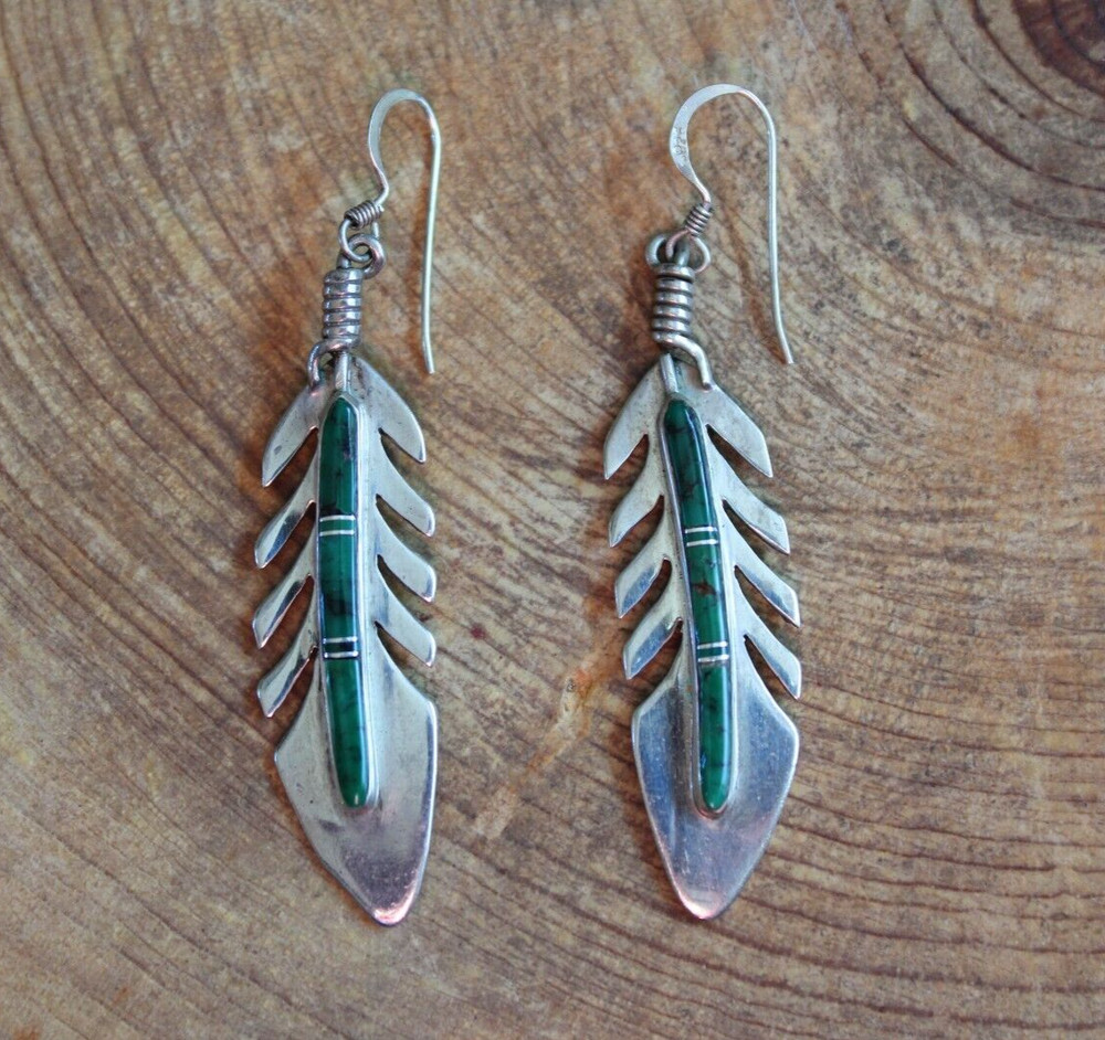 Malachite & Sterling Silver FEATHER Dangle Earrings Navajo