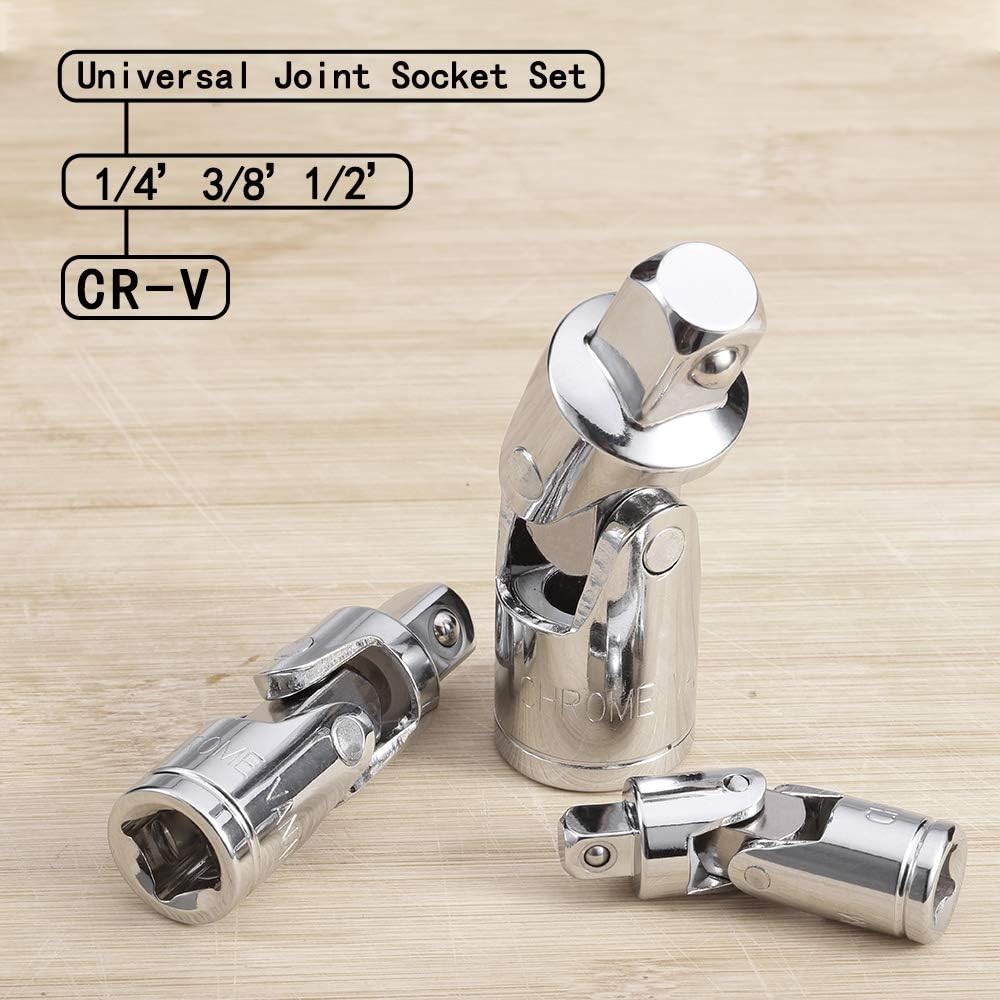 3PCS Universal Joint Socket Set, Chrome Vanadium Steel Swivel One Size