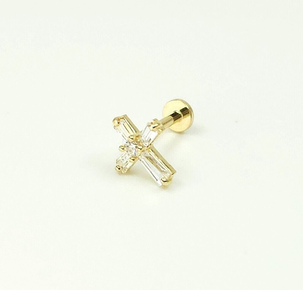 14K Solid Gold Tiny Cross Internally Threaded Labret Stud Earring(18Gauge)