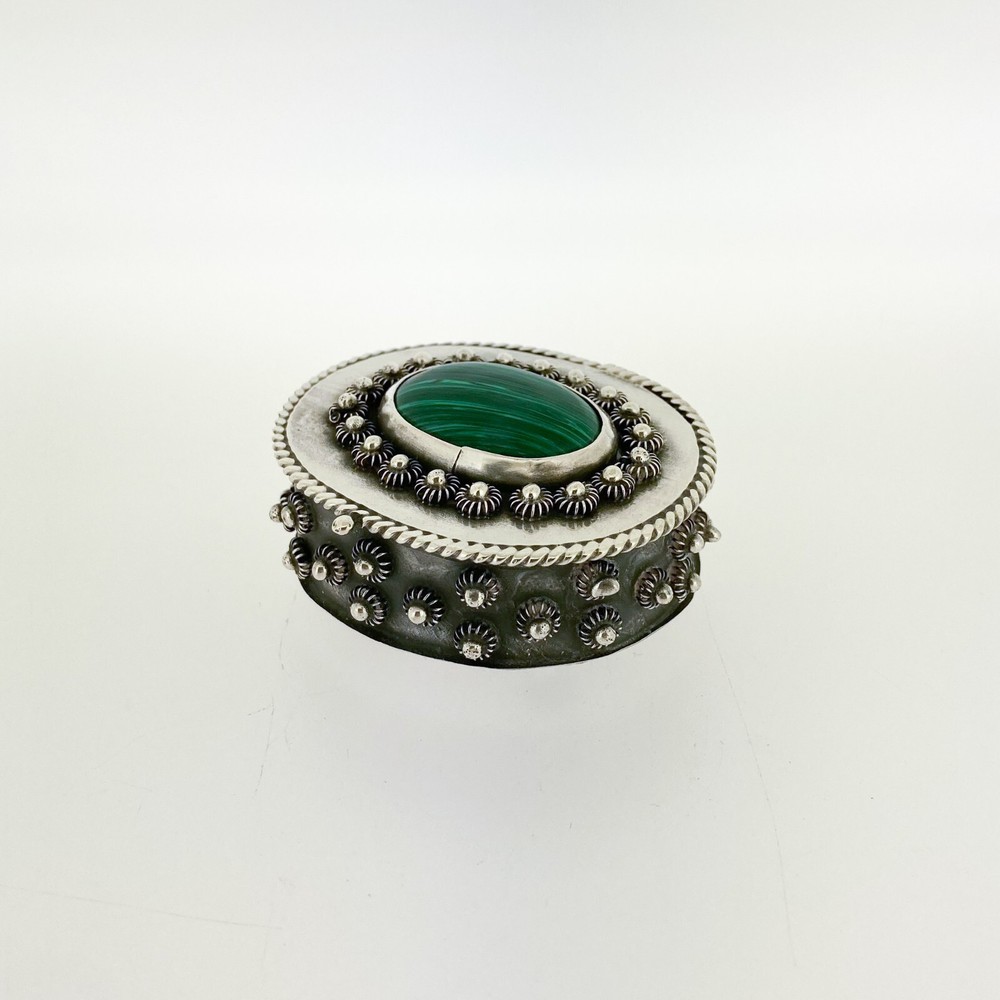 Small Footed Mexican Sterling Silver & Malachite Dresser or Table Box.