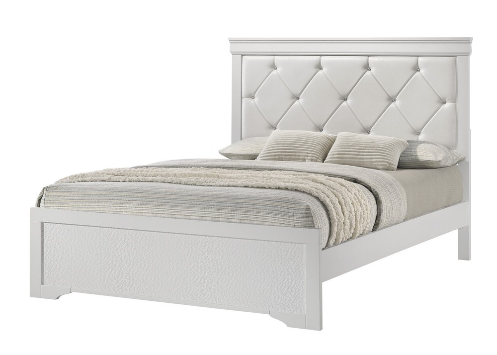 6pc White Queen Bedroom Set Upholstered Diamond Tufted Headboard Panel Bed