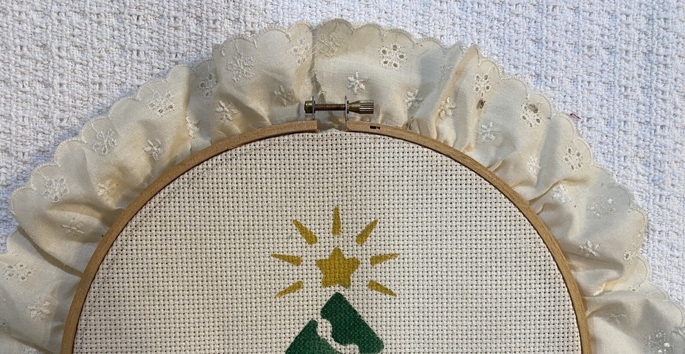 Vintage Hand Painted Christmas Tree on Needlepoint Canvas Embroidery Ring Framed