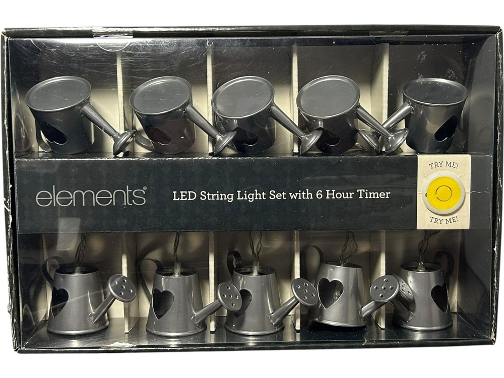 Elements Watering Cans 10 String Lights Set Heart Cut Out W/Timer 78.7" NIB