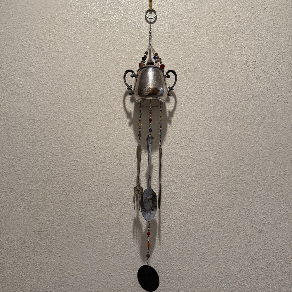 VTG Handmade Signed Silver Sugar Bowl Beaded Silverware Windchimes Boho Antique